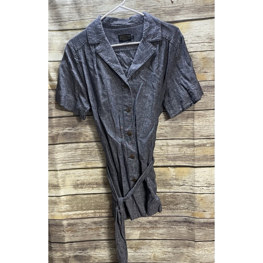 Pendleton‎ Top Short Sleeve Belted Linen Blend Blue Blouse Buttons Women's Large